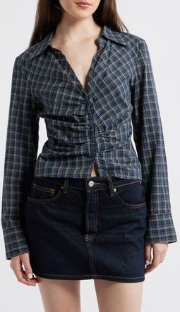Mango Blusa Galeeno Plaid Ruched Top in Blue at Nordstrom, Size 4