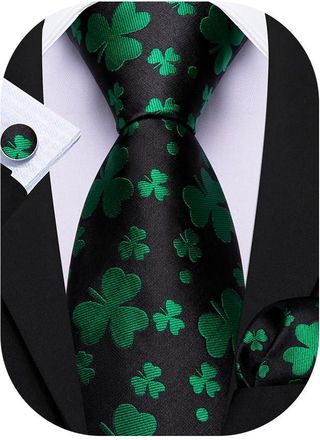 Barry.Wang Mens St. Patricks Day Ties Silk Green Shamrocks Necktie Handkerchief Cufflinks Set Party Wedding