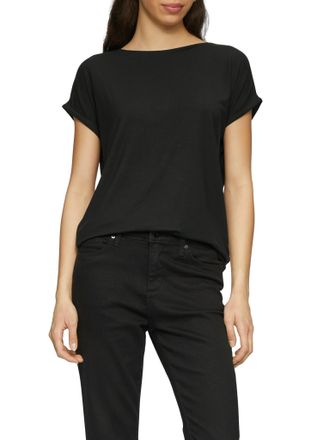 QS by s.Oliver Kurzarmshirt QS, Damen, Gr. XXL (44), schwarz, Jersey, Obermaterial: 95% Lyocell, 5% Elasthan, unifarben, loose fit h&uuml;ftlang, Rundhals, angeschnitten 