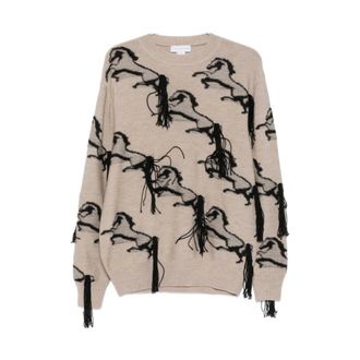Stella McCartney Stella McCartney, Round-neck Knitwear, female, Beige, Size: M Embroidered Horse Wool Jumper