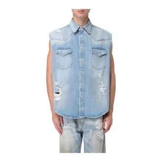Maison Margiela Denim Shirts, male, Blue, Size: M Distressed Denim Sleeveless Shirt