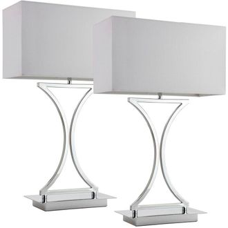 Loops 2 PACK Modern Table Lamp Light Chrome Metal & White Shade Square Desk Sideboard