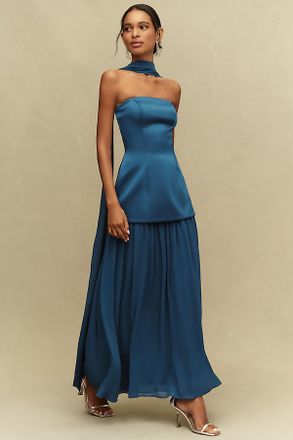 Mare Mare Natalie Strapless Stretch Satin Chiffon Maxi Dress