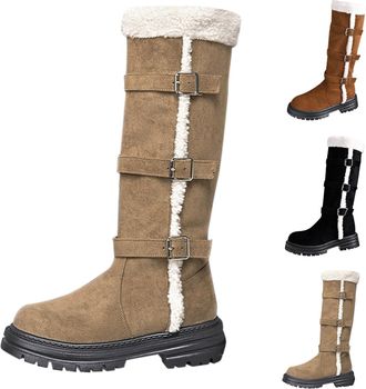 Generic Womens Suede Winter Snow Boots Faux Fur Lined Mid-Calf Boots with Adjustable Buckle Ladies Chunky Low Heel Platform Shoes Comfort Round Toe Walking Sh