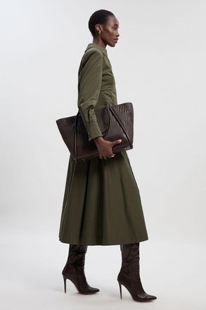 Karen Millen Womens Pleated Detail Cotton Woven Maxi Skirt - Green - Size 10 UK