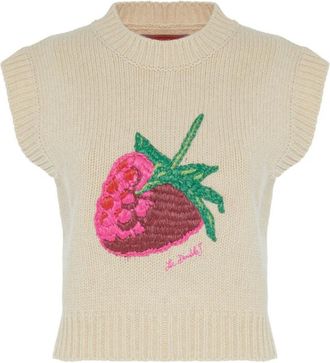 La DoubleJ Raffia Raspberry Cropped Vest - Dames - Ronde hals truien - Beige - XL - Wol - Truien & Vesten