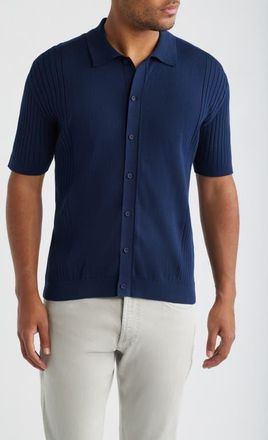 34 Heritage Short Sleeve Button-Up Cotton & Silk Sweater in Dress Blues at Nordstrom, Size Xx-Large