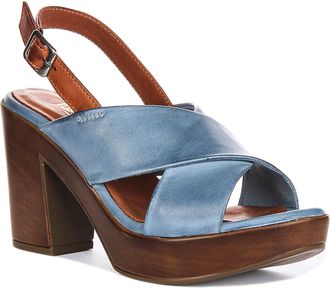 Justinreess England Enya Womens Leather Mid Heel Platform Shoes, Cross Buckle, 9CM Heel (Aquablue, UK 4)