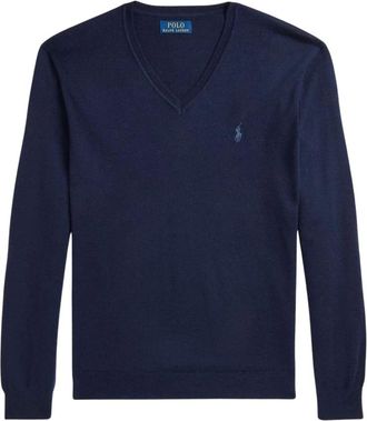 Polo Ralph Lauren V-neck Knitwear, male, Blue, Size: 2XL Slim-Fit Washable Wool V-Neck Sweater
