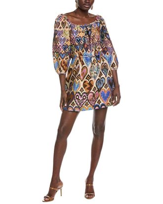 Farm Rio Farm Rio Hearts Ikat Cream Square Neckline Linen Mini Dress