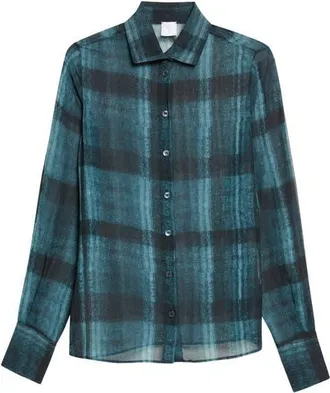 Eleventy Plaid Silk Button-Up Shirt in 178 Dark Jade at Nordstrom, Size 38