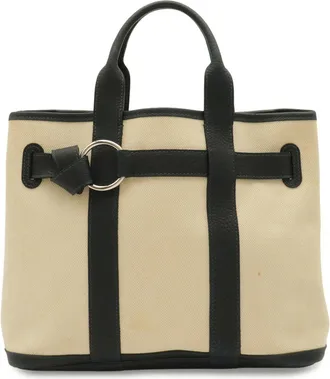 Herm&egrave;s Natural Navy Canvas Leather Handbag Tote Bag (Pre-Owned)