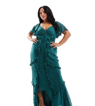 Asos Curve ASOS DESIGN Curve flutter sleeve ruffle maxi dress with cut out detail in textured spot in green-Multi