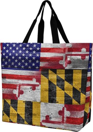 Generic U.S. And Maryland State Flag Reusable Shopping Bags One Shoulder Grocery Tote Bag Waterproof Big Purse for Work Travel