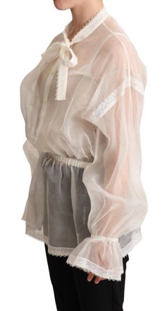 Dolce & Gabbana Womens White Ascot Collar Long Sleeves Blouse Top Silk Cotton