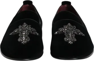 Dolce & Gabbana Black Velvet Embellished Loafer Slip On Mens Shoes