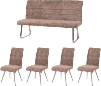 Hhg Hhg - Juego De Comedor 102, Juego De 4 Sillas + Banco 160cm, Acero Inoxidable Cepillado Tela/textil Chenilla, Marr&oacute;n