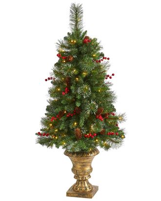 Nearly Natural 4ft. Pine, Pinecone And Berries Artificial Christmas Tree With 100 Clear LED Lights in Decorative Urn