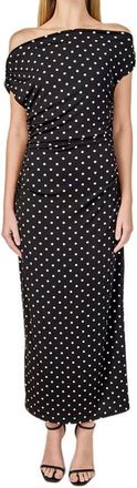 endless rose Asymmetric Polka Dot Column Dress in Black/White Dot at Nordstrom, Size Large