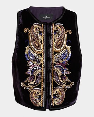 Etro Embellished Paisley Velvet Cropped Vest