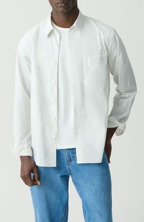 Theory Weekend Stripe Cotton Button-Up Shirt in White/Walnut at Nordstrom, Size Xx-Large