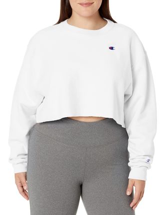 Champion Womens Reverse Weave Cropped Cut Off Crew Sweatshirt, White-549302, Medium
