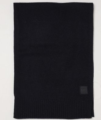 HUGO BOSS Rectangular Wool and Cotton Scarf with Ribbed Edges and Logo