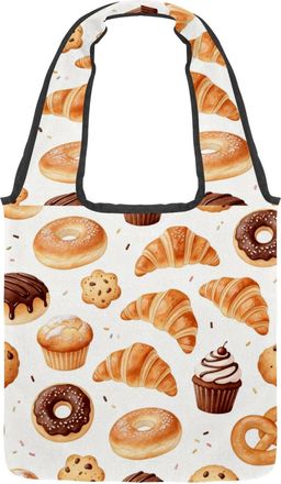 Generic Breakfast Pastry Paradise Reversible Canvas Shoulder Tote - Double-Sided Print, 12oz Cotton, 27cm Drop, Fold-Flat Bag for Travel, Shopping, Street Out