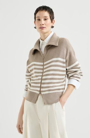 Brunello Cucinelli Sparkling cotton striped English rib cardigan with zipper and monili in Beige at Nordstrom, Size Medium