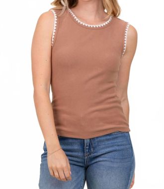 So Me Rib Sleeveless With Embroidery Detail Tank Top In Light Brown/cream