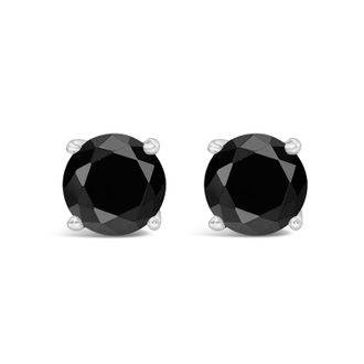 House of Brilliance 14K White Gold Round Brilliant-Cut Black Diamond Classic 4-Prong Stud Earrings with Screw Backs