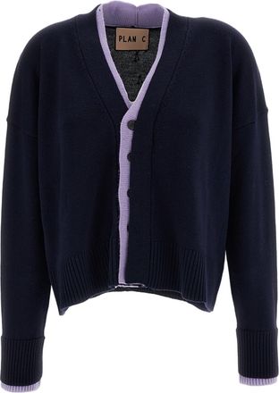Plan C Blue Lilac Layered V-Neck Wool Cardigan