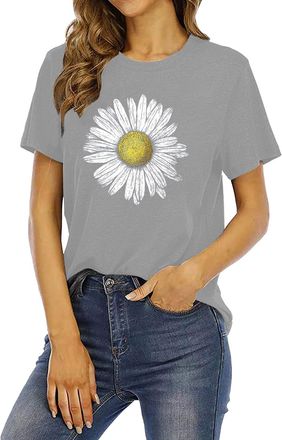 Generic Women Tops Short Sleeve Crew Neck Daisy Graphic Tee Cute Summer T Shirts(Grey, S) ropa de Mujer Tallas Grandes
