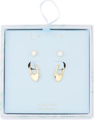 Leith 2-Pair Cubic Zirconia Stud & Heart Lock Earrings Set in Clear- Gold at Nordstrom Rack