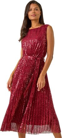 Roman Womens Sequin Detail Pleated Midi Dress - Red - Size 18 UK
