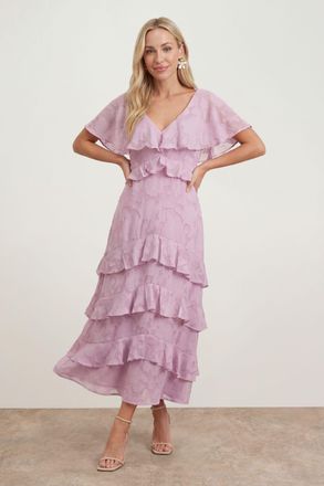 Oasis Womens Petite Jacquard Ruffle Maxi Dress - Lilac - Size 12 UK