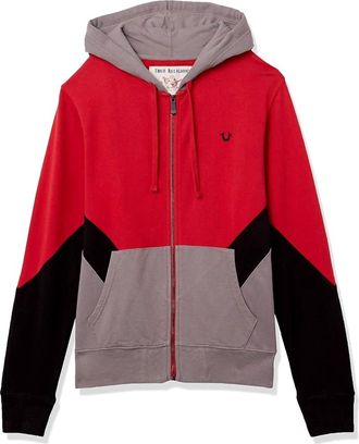 True Religion Mens Chevron Panel Long Sleeve Zip Up Hoodie In Charcoal/sapphire Blue/ruby Red
