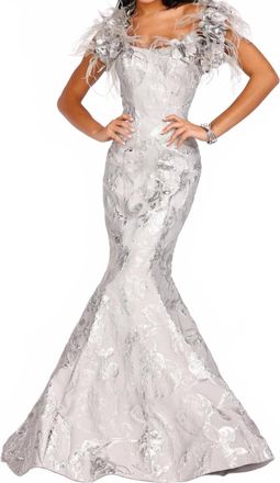 Terani Couture Striking Flower And Feather Strapless Evening Gown In Silver