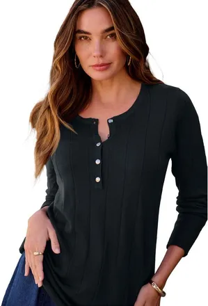 Roaman's Plus Size Drop Needle Henley Lightweight Sweater Knit in Black at Nordstrom, Size Large
