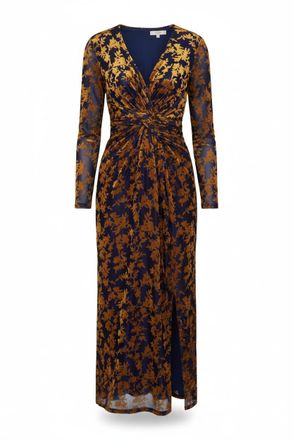 Yumi Navy Velour Stretch Midi Dress with Long Sleeves (UK, Numeric, 12, Regular, Regular, Gold)