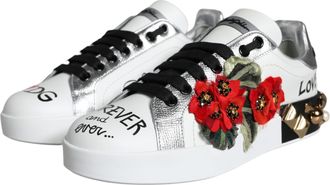 Dolce & Gabbana Womens White Leather Floral Studded Sneakers Shoes