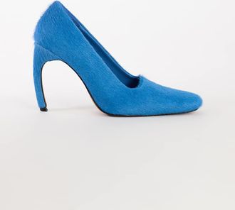 Topshop Amos - D&eacute;collet&eacute; in vera pelle blu effetto cavallino con tacco a banana cesellato