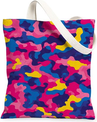 Generic Colorful Camo Canvas Tote Bags, Vibrant Abstract Pattern Reusable Grocery Bags, Summer Stylish Lightweight Washable Shoulde, Colorful, 13x15 Inch