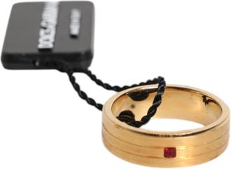 Dolce & Gabbana Gold Tone Brass Red Crystal DG Logo Mens Ring
