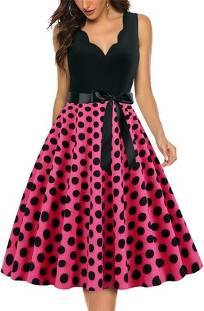 Generic Womens 50s 60s Retro V Neck Polka Dot Print A Line Rockabilly Dress Sleeveless Vintage Swing Prom Party Dresses Vintage Prom Swing Party Dress Gifts f