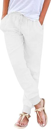 Generic Women Linen Blend Jogger Pants Elastic Waist Tapered Leg Lightweight Trousers with Pockets White