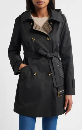 London Fog Double Breasted Trench Raincoat in Black at Nordstrom, Size X-Small