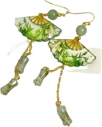 Generic 1 Pair Transparent Folding Fan Earrings for Women Green Bamboo Pendant Ear Stud Tassel Dangle Ethnic Style Jewelry GiftDurability