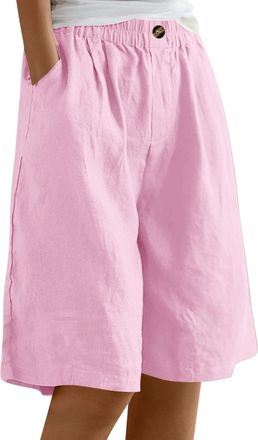 Generic Bermuda Shorts for Women Wide Leg Linen Knee Length Summer Casual Long Shorts Loose High Waisted Short with Pockets