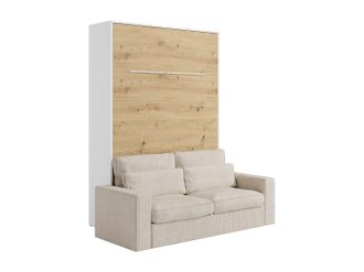 Vente-Unique Cama abatible 140 x 190 cm - Apertura vertical manual - Con LEDs - Blanco y natural + Sof&aacute; - RAPILI